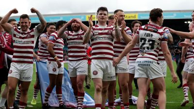Wigan Warriors celebrate after the Challenge Cup semi final match.