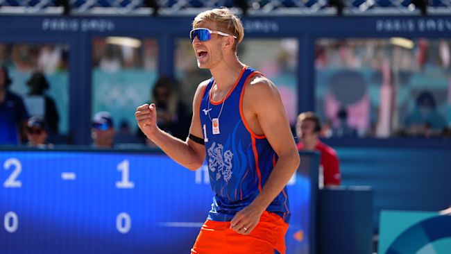 Steven van de Velde of the Netherland competing in the men's beach volleyball. PA