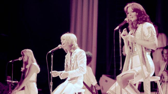 Abba members Agnetha Faltskog (left), Bjorn Ulvaeus and Annifrid Lyngstad during their concert at the Royal Albert Hall. Abba have lost out on the most-streamed Eurovision song of all time to Dutch singer Duncan Laurence. Issue date: