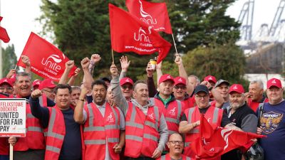 Members of the Unite union man a picket line at one of the entrances to the Port of Felixstowe in Suffolk, Britain's biggest and busiest container port, after backing industrial action by 9-1 in a dispute over pay.
Credit: PA