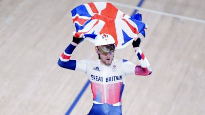 Great Britain's Matthew Walls celebrates gold in the Men's Omnium Points Race 4/4 at Izu Velodrome on the thirteenth day of the Tokyo 2020 Olympic Games in Japan. Picture date: Thursday August 5, 2021. PA
