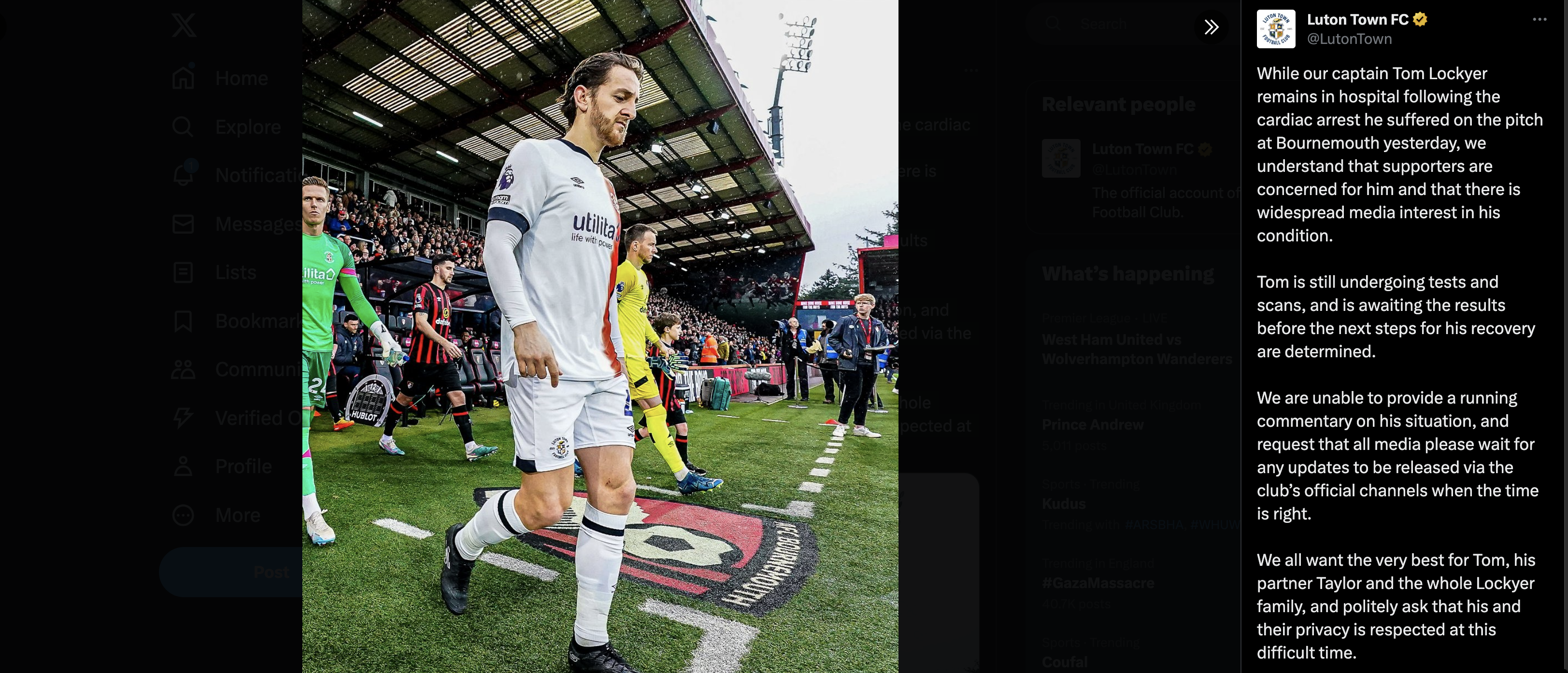 Tom Lockyer: Luton Town captain undergoing tests and scans after cardiac  arrest, UK News