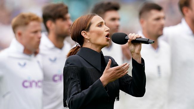 Laura Wright performing God Save the King at The Oval.