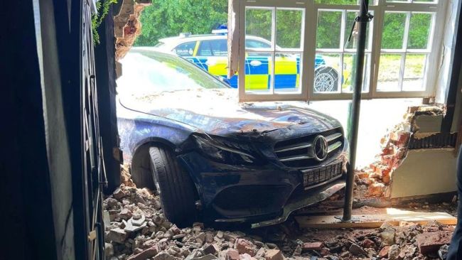Photograph of a car crashed into a pub near Newmarket.  Sent to us by Jonny Dillion at Regional Syndication credit to Suffolk Live/BPM MEDIA