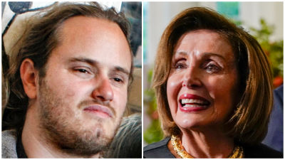 Split image. Left image: David DePape. Right image: Nancy Pelosi.