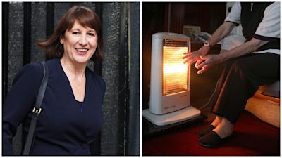 Split image. Left image: Chancellor Rachel Reeves. Right image: An elderly woman warms up using an electric heater.