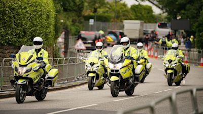 Police officers on motorcycles patrol through Carbis Bay, ahead of the G7 summit in Cornwall. Picture date: Thursday June 10, 2021.