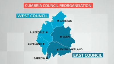 How Cumbria will be divided following local government reforms. ITV pic