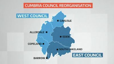 How Cumbria will be divided following local government reforms. ITV pic