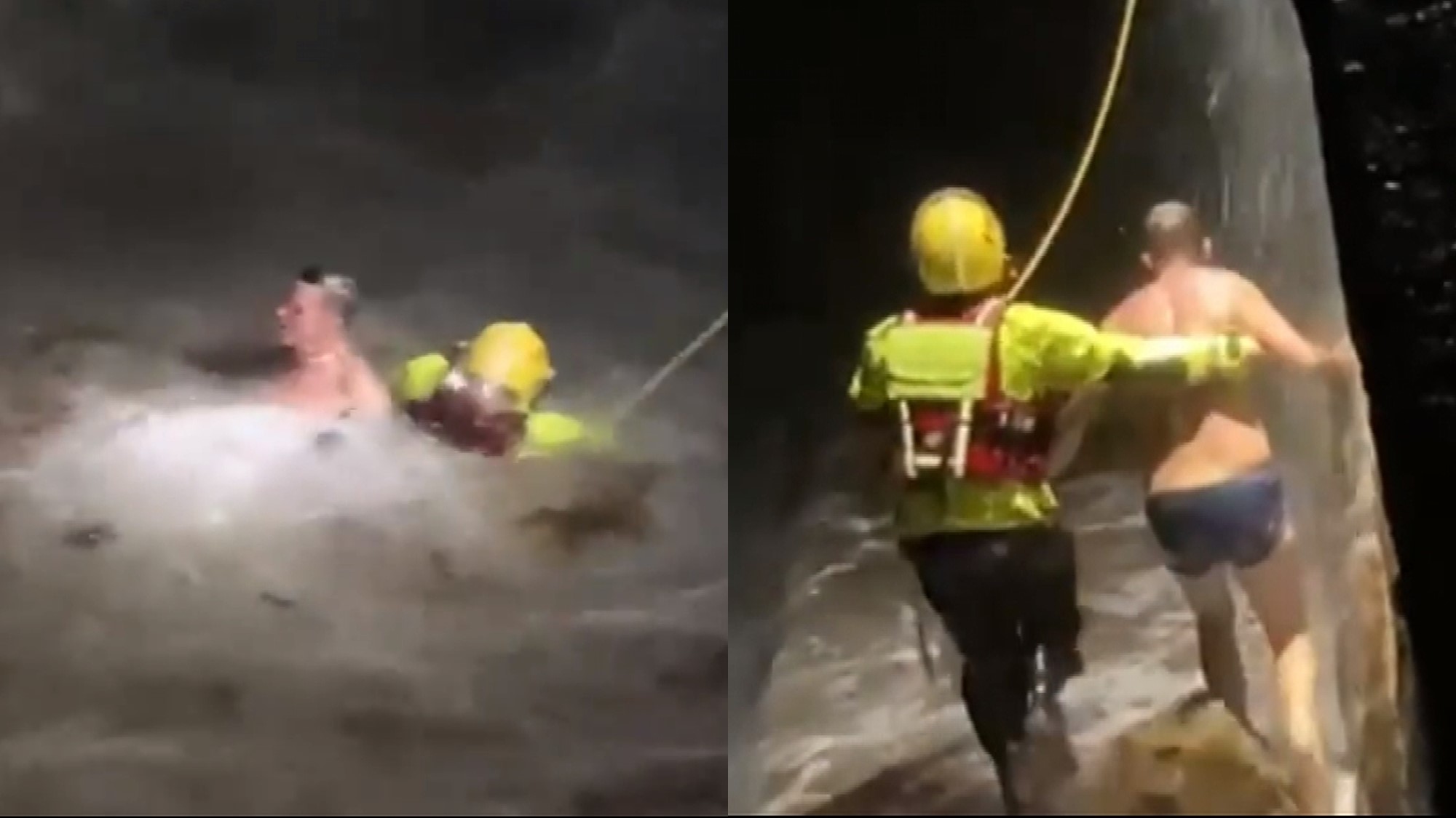 Dramatic high-tide rescue as hero firefighter wades into 'treacherous ...