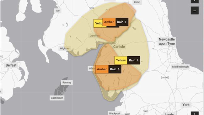 27/10/21. Map of amber warnings in the ITV Border region. Met Office.