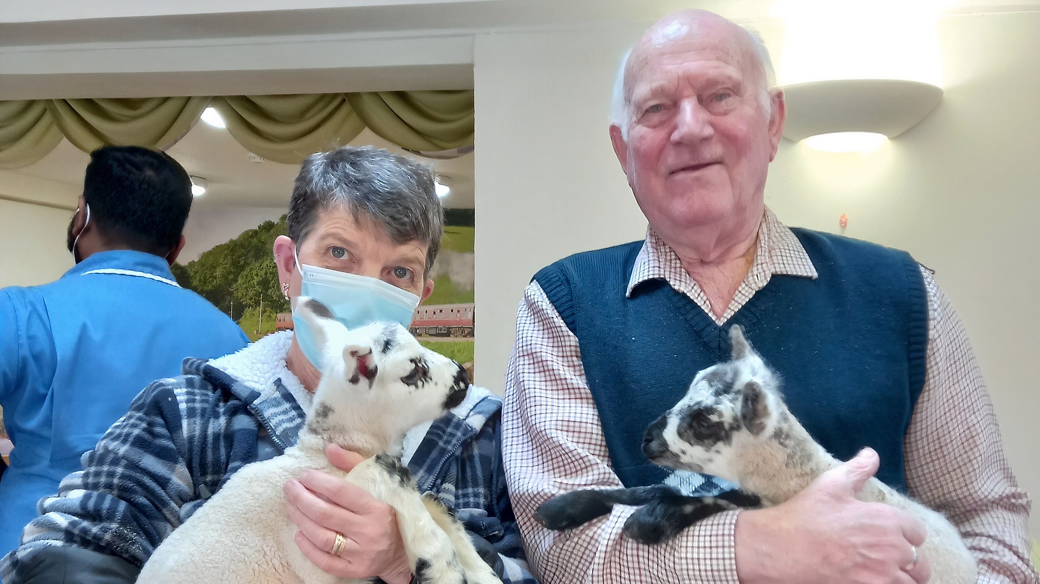 Carole Taylor and Fred Grant with lambs Tulip and Oreo