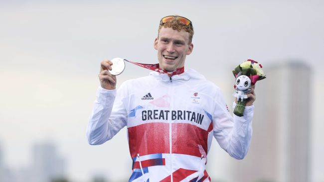 George Peasgood with his silver medal in the PTS5 men's triathlon at Tokyo 2020 Paralympics.
Credit: ParalympicsGB/PA