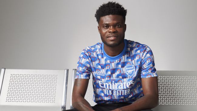 Undated handout photo issued by Adidas of Thomas Partey, wearing a Arsenal shirt which has been released with a design influenced by the bold pattern which appears on Piccadilly line trains. Issue date: Thursday January 20, 2022.