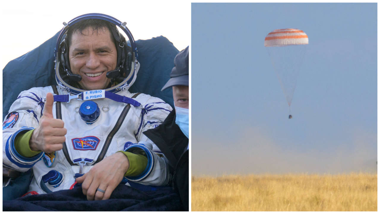 Moment astronauts parachute to earth after being stuck in space for a year