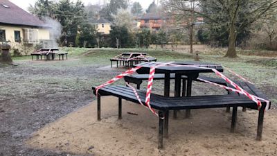 The benches have been taped off to stop people congregating.
