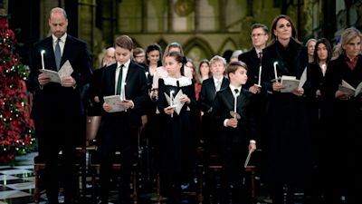 The Prince and Princess of Wales and their children Prince George, Princess Charlotte and Prince Louis (right) during the Together At Christmas carol service at Westminster Abbey