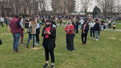 Photo taken with permission from the Twitter feed of @theefer of the queue outside Walthamstow Library in east London, for a coronavirus vaccination, after it was announced people could walk in for surplus vaccine stock. Picture date: Wednesday March 31, 2021.