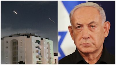 Split image. Left image: A general still of Israel's Iron Dome intercepting Iranian missiles and drones. Right image: Israeli PM Benjamin Netanyahu.
