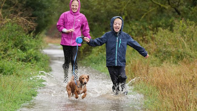 Mia West, aged 11, and Jack West, aged seven, at the Ingrebourne Valley Nature Reserve in Rainham as the Met Office has issued a yellow warning for thunderstorms and heavy rain in south and eastern England, with driving conditions potentially affected by spray, standing water and even hail, as well as possible delays to train services, power cuts, flooding and lightning strikes.
Credit: PA