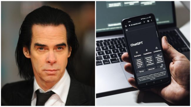 Split image. Left image: Nick Cave. Right image: A person holding a phone with the ChatGPT application open.