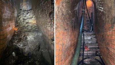 Undated handout photos issued by Thames Water of a fatberg, that had the weight of a small bungalow, under Yabsley Street, Canary Wharf, London, before and after its removal. Issue date: Friday February 19, 2021.
