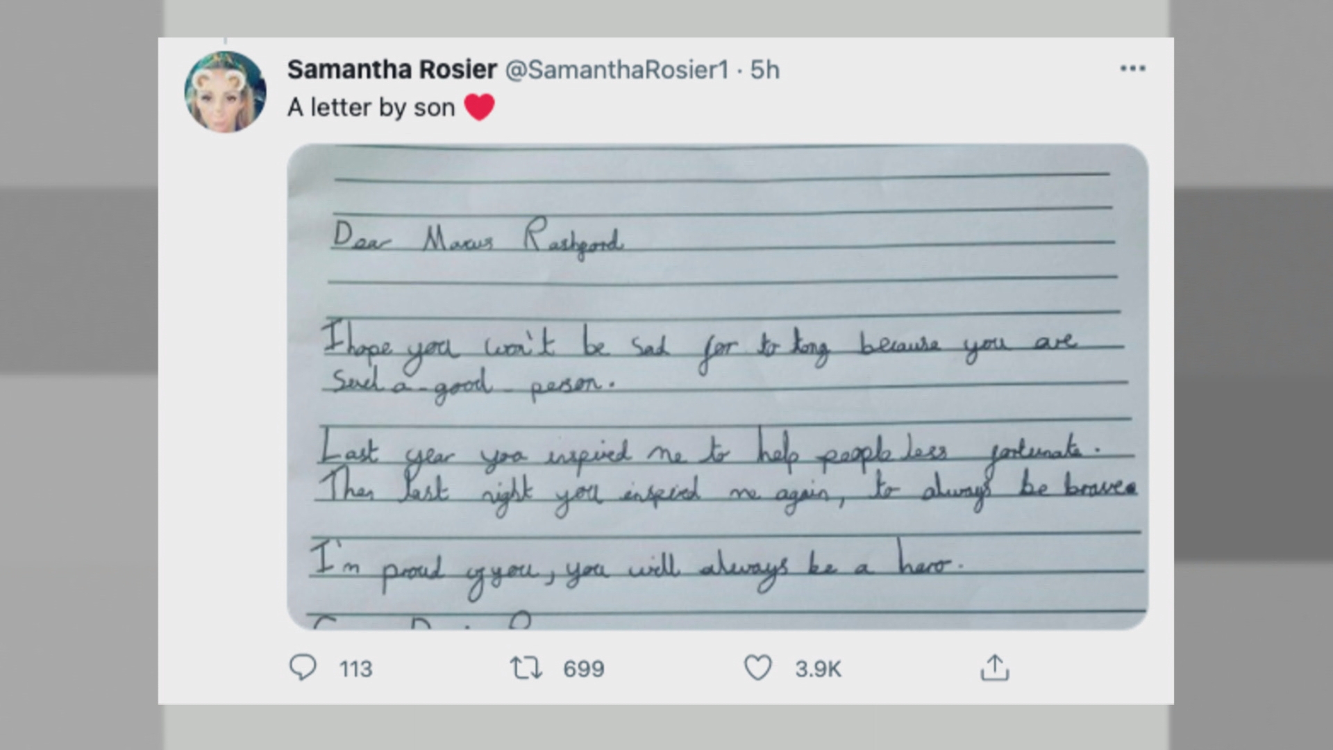 Nine-year-old's letter to 'hero' Marcus Rashford retweeted by star | ITV News
