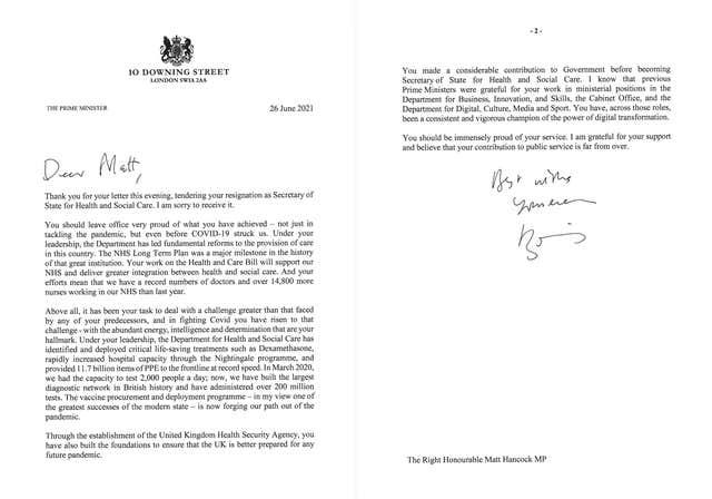 Matt Hancock S Resignation Letter In Full And Boris Johnson S Reply As He Quits Following Covid Guidance Breach Itv News