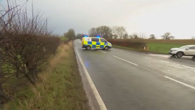 22/12/21. Police on the A66 in Cumbria following a crash involving two HGVs following a crash near Kirkby Thore. ITV Border.