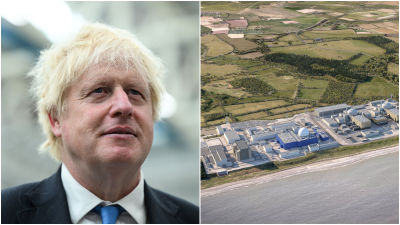 Split image. Left image: Prime Minister Boris Johnson. Right image: Sizewell C nuclear plant.