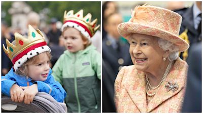 Split image. Left image: Children outside Buckingham Palace. Right image: The Queen.