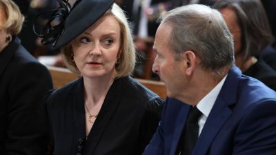 PA Images. Compressed for web. 
Prime Minister PM Conservative MP leader UK United Kingdom Liz Truss 
Taoiseach Irish Premier Ireland Fianna Fail leader TD Michael Martin 
Sitting together at St Anne's Cathedral in Belfast, Northern Ireland for service of remembrance for late Queen Elizabeth II  