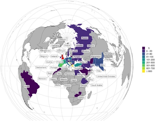 Countries where importations originated. Countries with less than 5 importations were excluded for confidentiality reasons.
