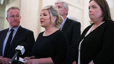 PressEye Credit
Michelle O'Neill along with party members speaking at Stormont after DUP blocks electing a new speaker.