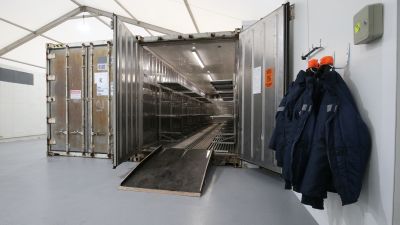 Inside one of the storage units at the overflow mortuary at Breakspear Crematorium in Ruislip, London which will provide an additional 20% in capacity for public mortuaries in London, helping to relieve pressure on hospitals and council-run morgues.
