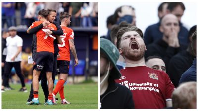 There was ecstasy for Luton Town's players and fans (left), but agony for everyone connected with Northampton Town (right).