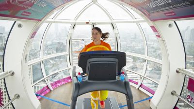 Handout photo of Sally Orange, 2016 Invictus Games Orlando medalist and Guinness World Record holder, completing the 2020 virtual London Marathon on a treadmill inside a London Eye pod.