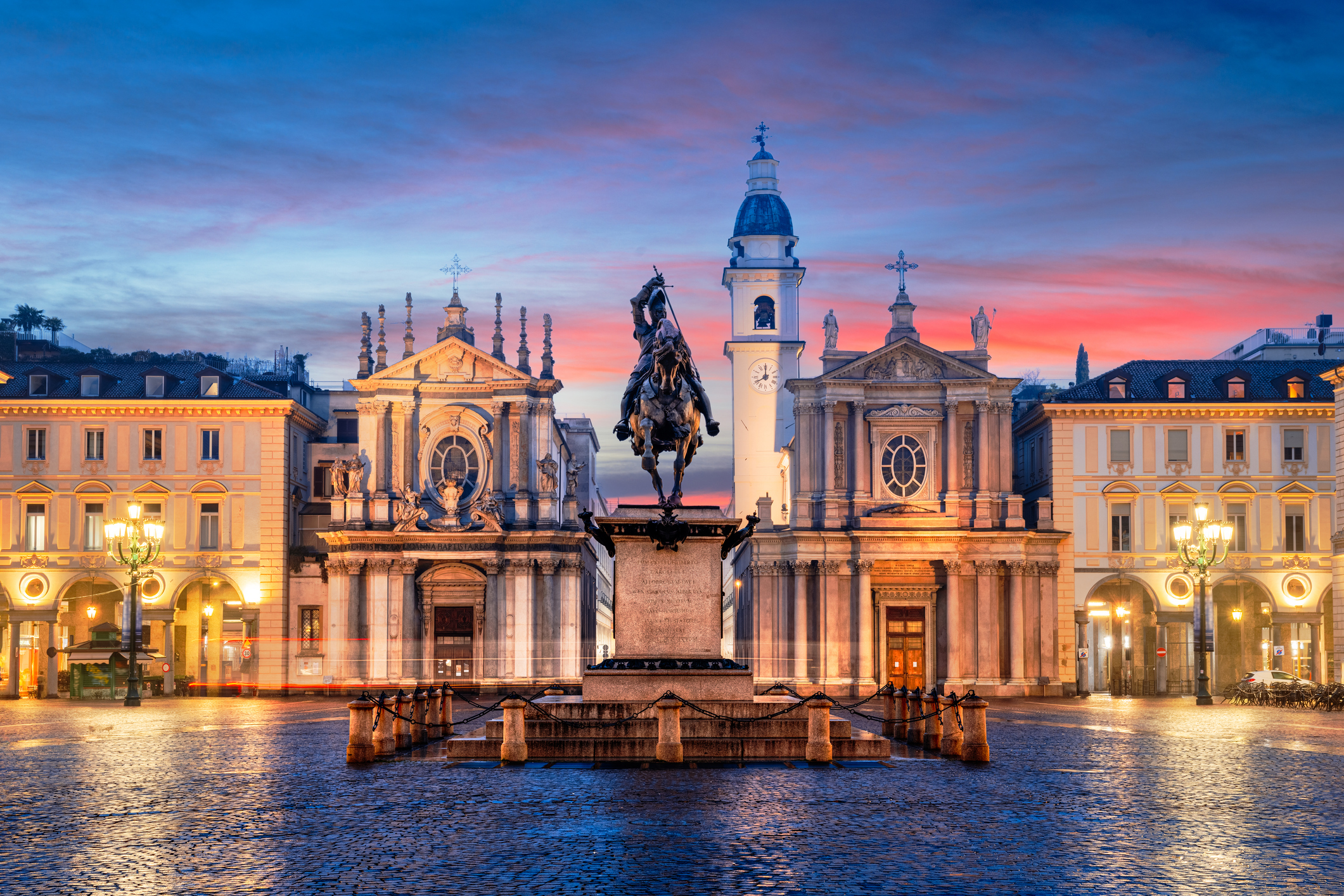 Close-up of the monument to Emanuele Filiberto of Savoy in Turin's Piazza San Carlo, seen at dusk