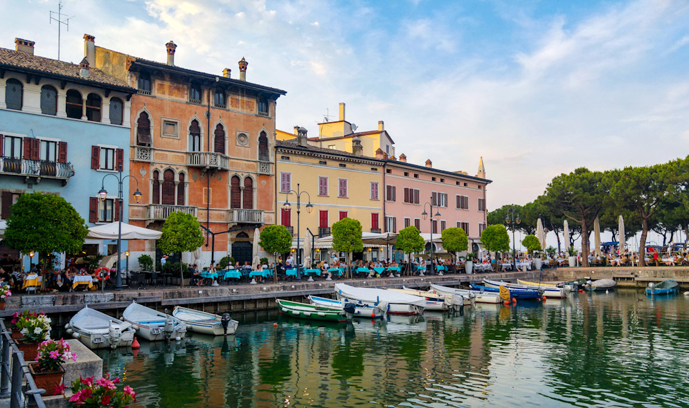 Boats moored in the center of Desenzano del Garda