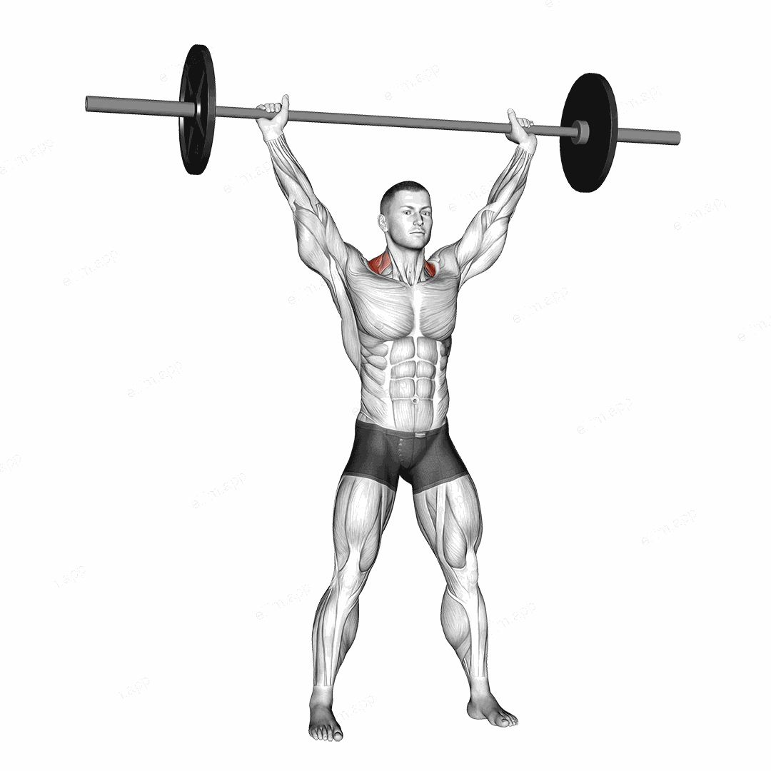 Barbell Overhead Shrug exercise targeting Back and Trapezius Upper Fibers