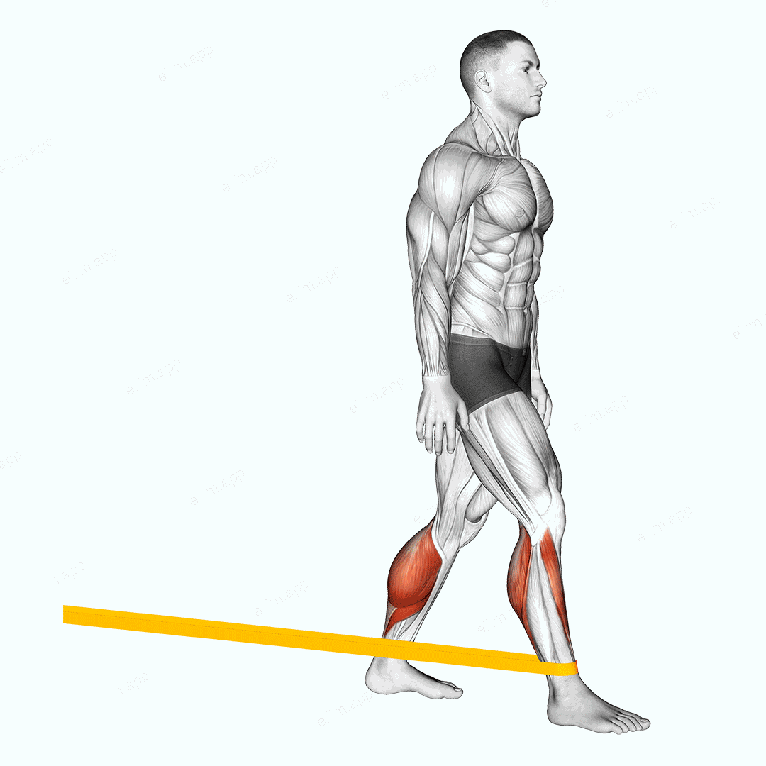 Resistance Band Standing Back Achilles Stretch exercise targeting Calves and Gastrocnemius