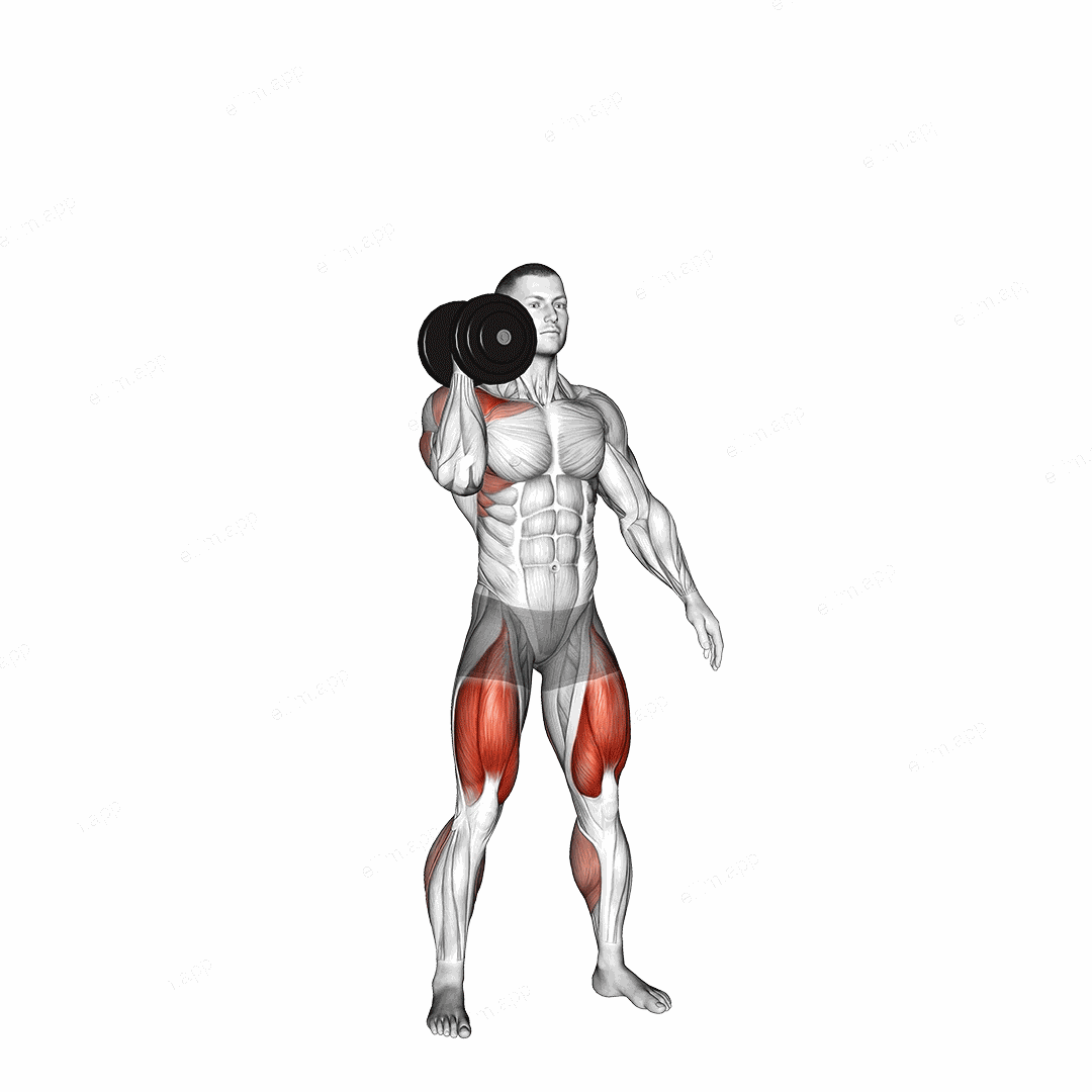 Dumbbell One Arm Thruster exercise targeting Hips and Shoulders
