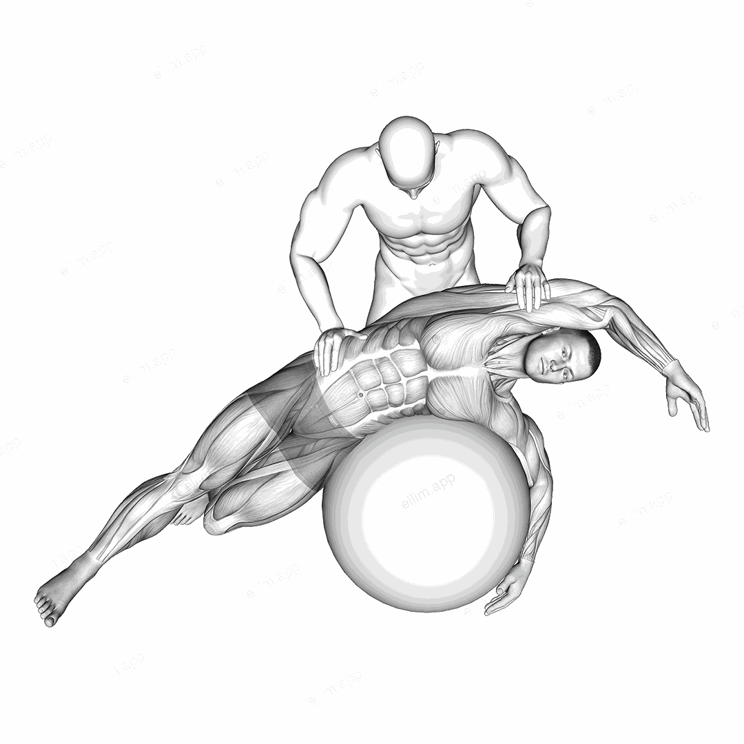 Assisted Oblique And Latissimus Dorsi Stretch On Stability Ball exercise targeting Back