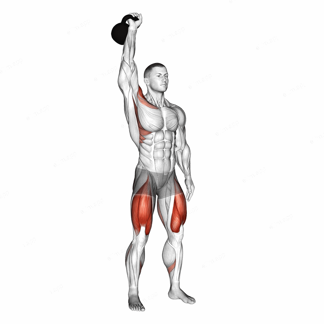 Kettlebell One Arm Overhead Squat exercise targeting Thighs and Gluteus Maximus