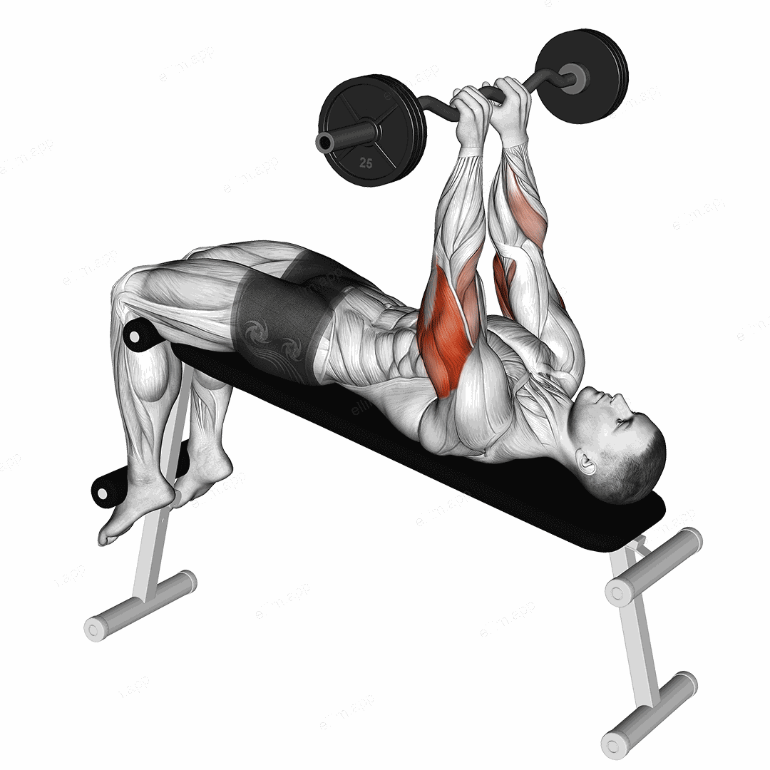 EZ Barbell Decline Close grip Face Press exercise targeting Upper Arms and Triceps Brachii