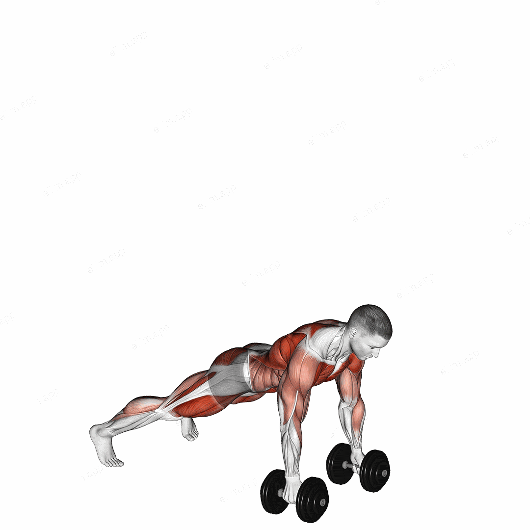 Dumbbell Complex Push-up Row Clean and Press exercise targeting Back and Chest