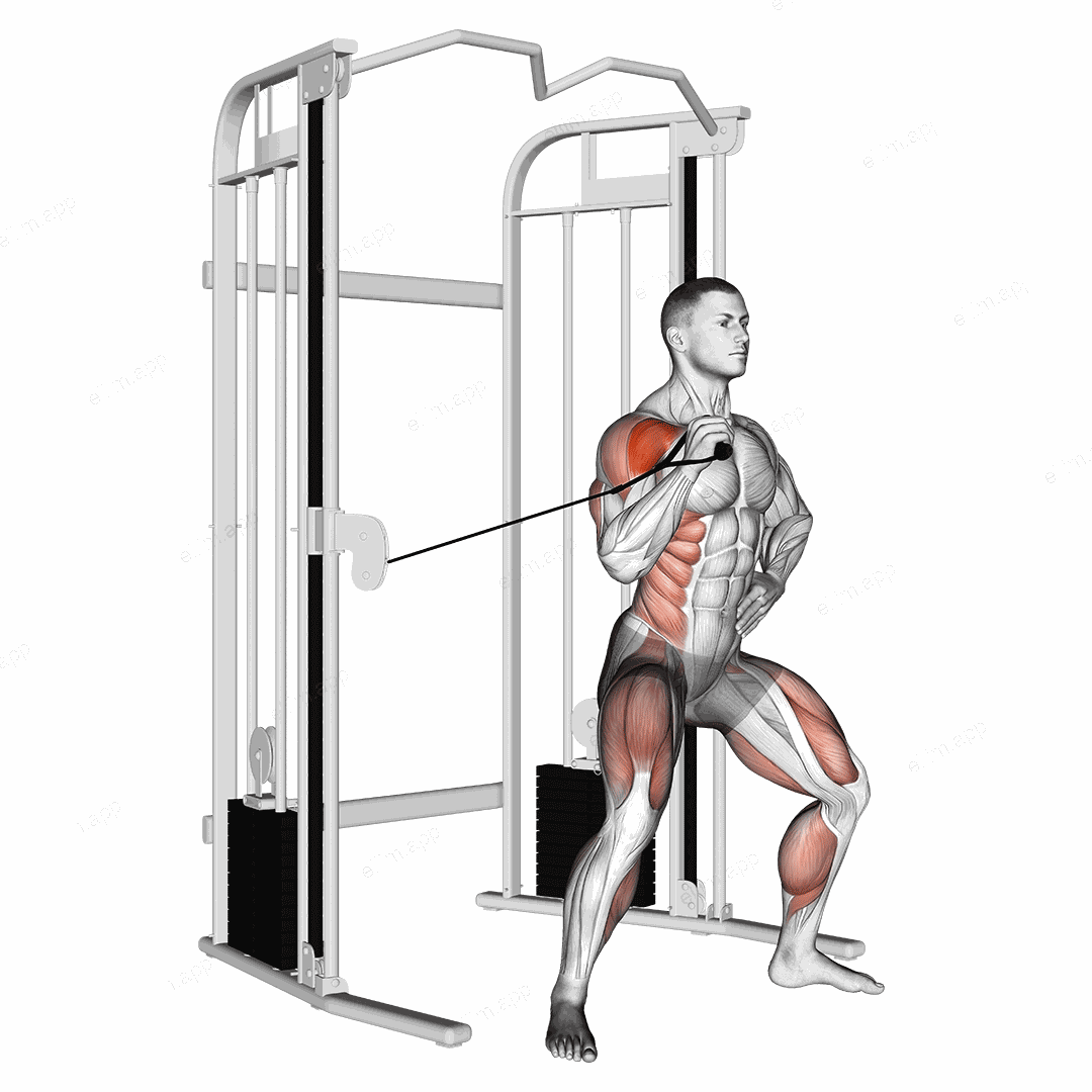 Cable twisting overhead press exercise targeting Shoulders and Deltoid Anterior