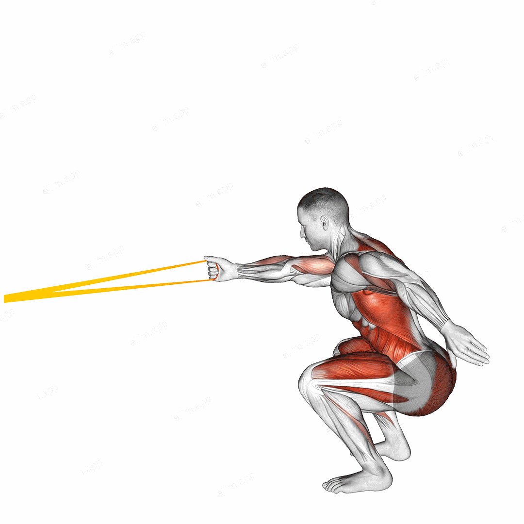 Resistance Band Squat with Single Arm Row exercise targeting Back