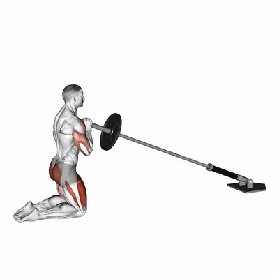 Landmine Kneeling Thruster Press exercise targeting Deltoid Anterior and Gluteus Maximus