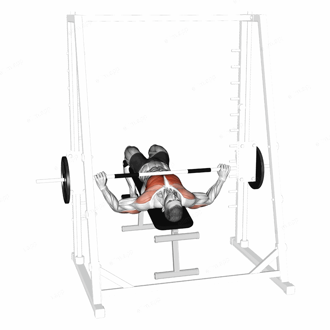 Smith Wide Grip Decline Bench Press exercise targeting Chest and Pectoralis Major Sternal Head